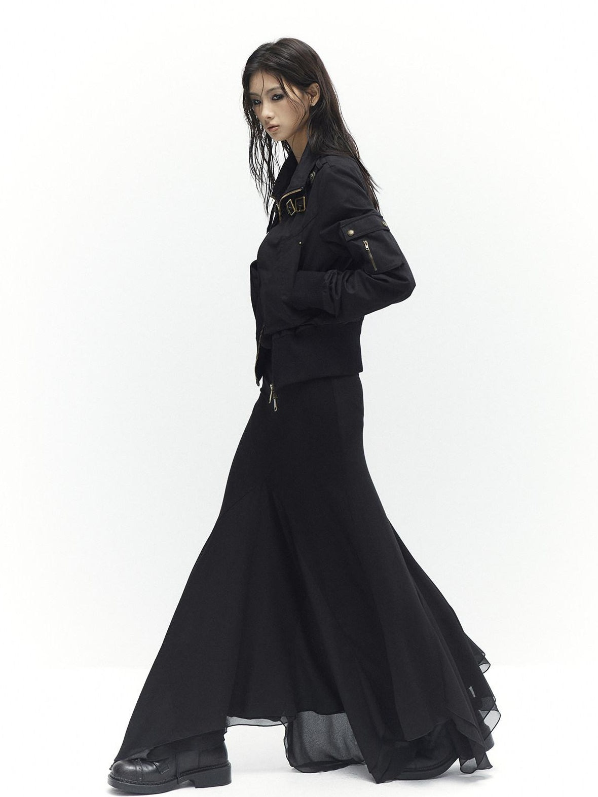 Low pixel Plush Lined Waist Cinch Dark Goth Slim Fit Women Zip High Collar Cropped Jackets