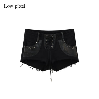 Low_pixel_Stretch_Cotton_Gothic_Panel_Slim_Mid_Low_Rise_Drawstring_Black_Women_Mini_Shorts_MISSTT