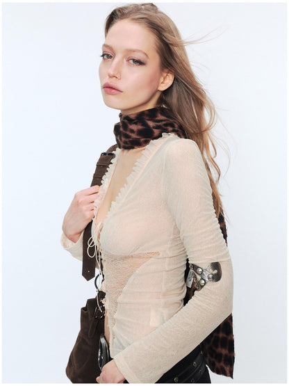 2th Desire Sheer Mesh Spliced Punk Slim Fit Women Long Sleeve Tie Front Blouses
