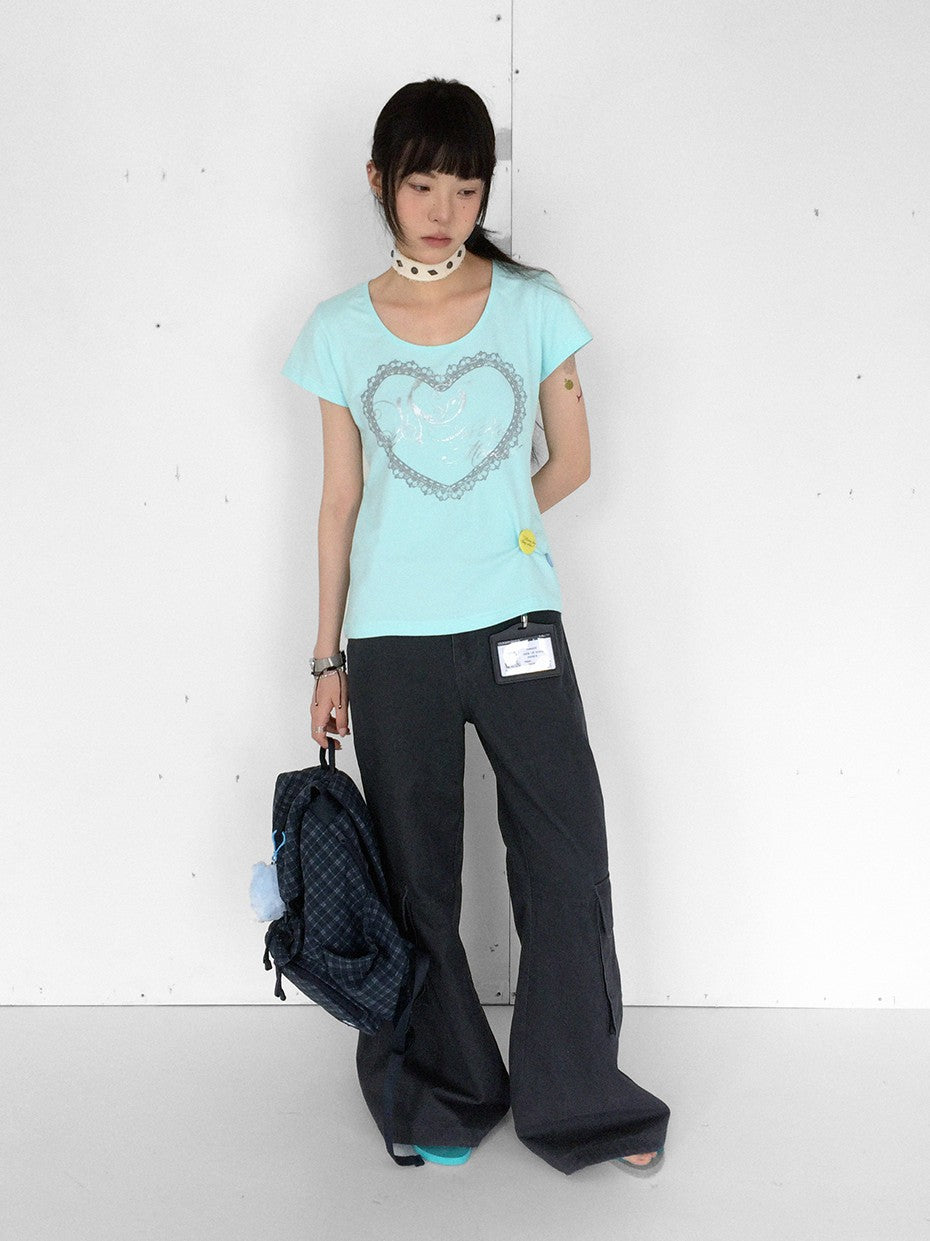 innomoood Lace Print Silver Foil Heart Lettering Women&