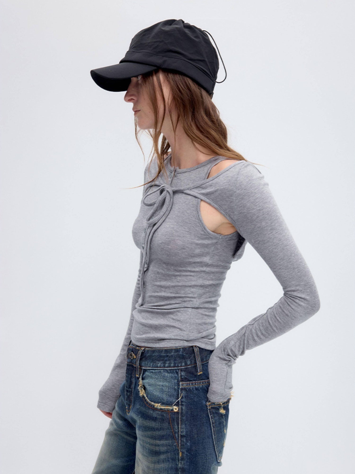 RUN TO THE FUTURE Lyocell Wool Slim Fit Cutout Vintage Commuter Ladies Black Long Sleeve T-Shirts