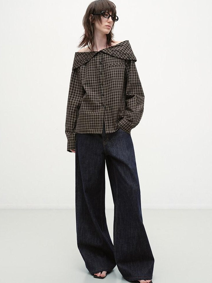 RUN TO THE FUTURE Original Design Breathable Cotton Loose Fit Plaid Bardot Womens Blouses