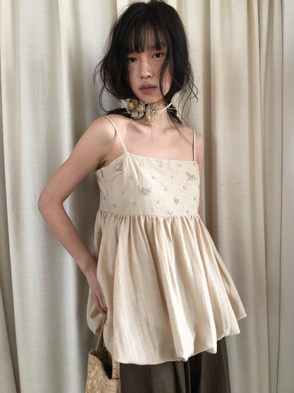 Dorydory Apricot Beige Beaded Square Neck Tulip Hem Women&