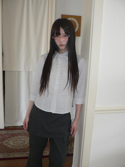 ang project White Check Print Collared Cropped Cinch Waist Women&