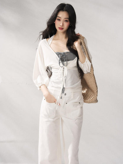 7Shiftin Button Front Natural Waist Casual White Flowy Wide Leg Pants