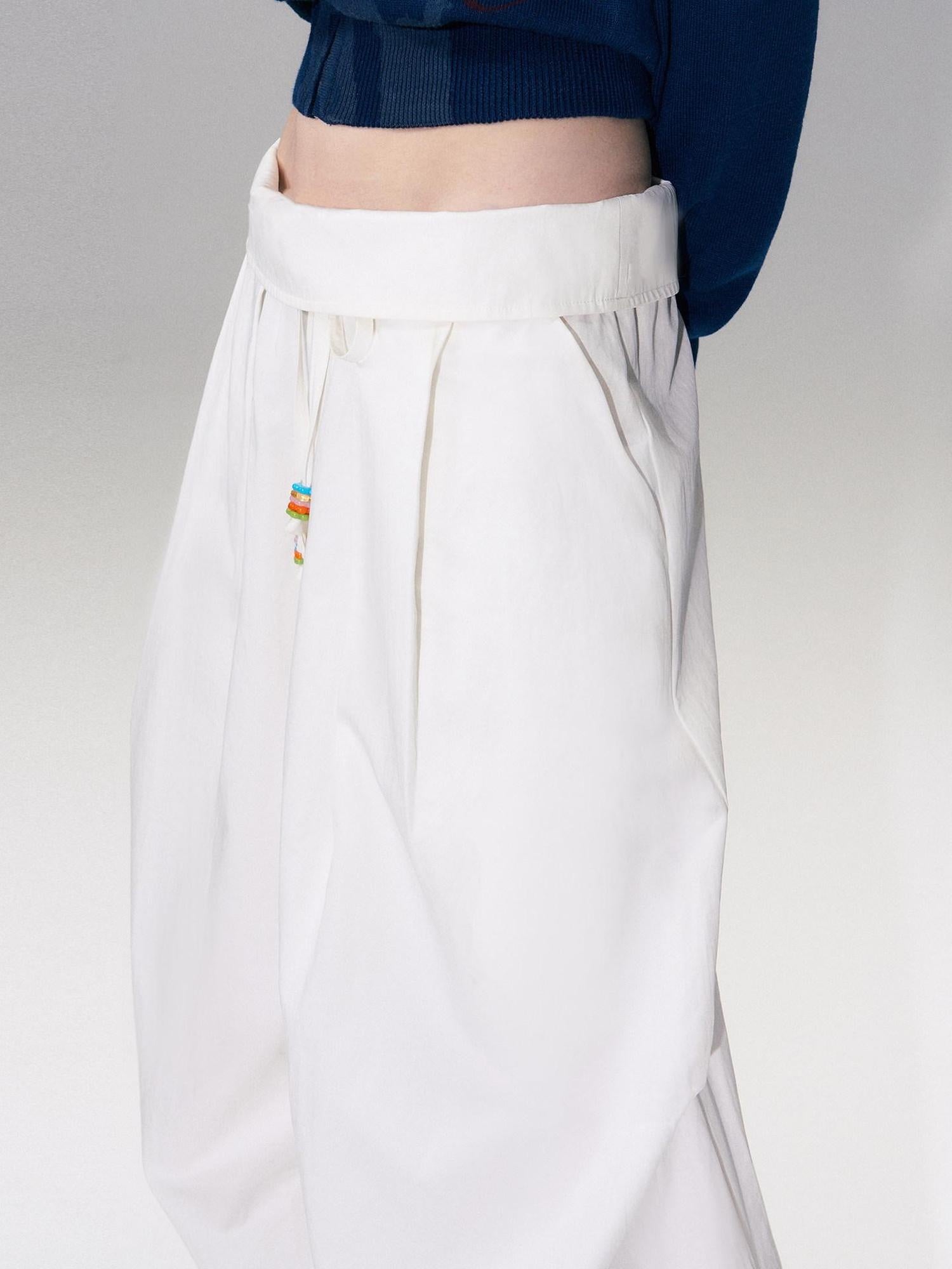 The NeverMore Cotton Blend Vintage Curved Cut Natural Waist Women White Wide Leg Pants