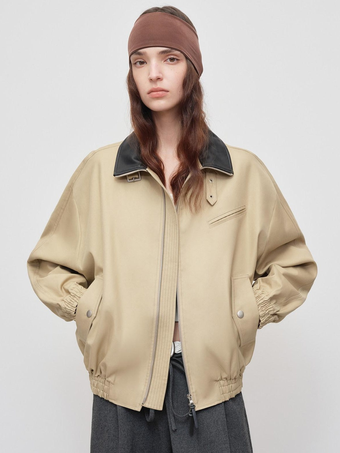 RUN TO THE FUTURE Khaki Cotton Patchwork Barn Style Loose Fit Unisex Zipper Track Jackets