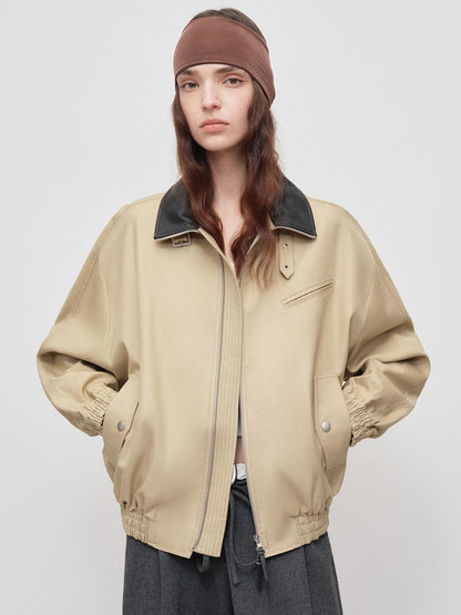 RUN TO THE FUTURE Khaki Cotton Patchwork Barn Style Loose Fit Unisex Zipper Track Jackets