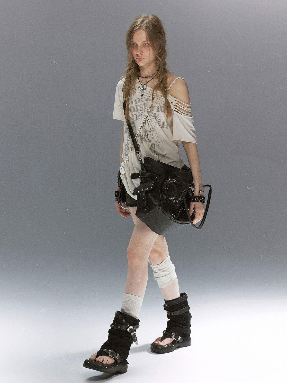 Cest Nous Grunge Punk Studded Dual Strap Detachable Women&