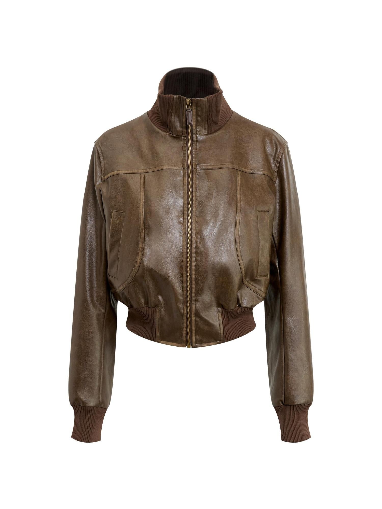 RUN TO THE FUTURE Brown Patchwork Stand Collar Zipper Short Straight Fit Commuter Youth Jackets