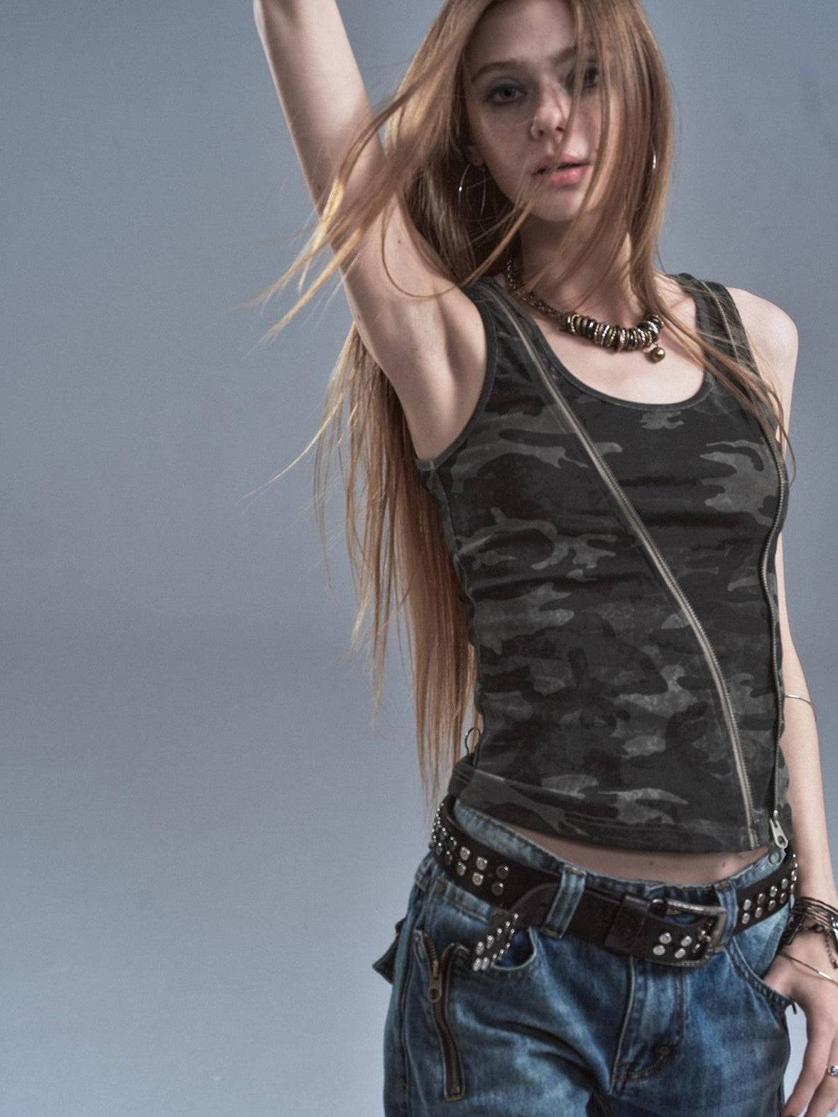 wear And tear Printed Camo Black Diagonal Zip Two Way Cinched Waist Women&