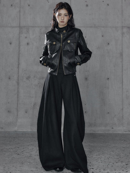Low pixel Insulated Waist Cinch Workwear Multipocket Lapel Zip Black Women Leather Jackets