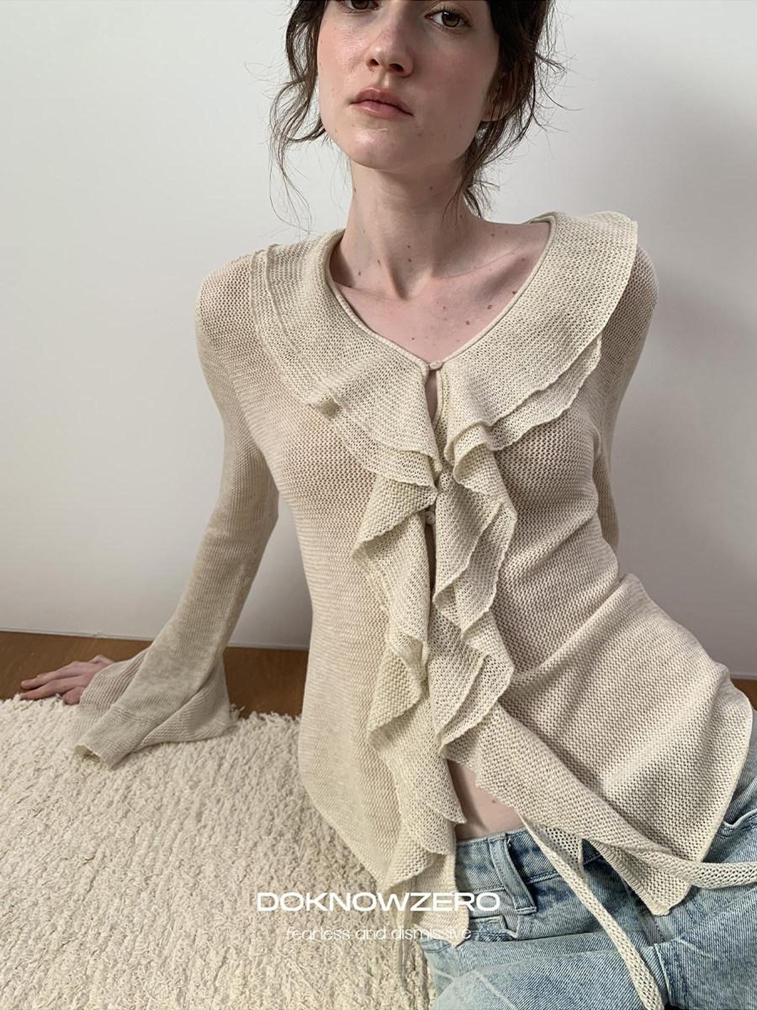 DKZ OFFICIAL Irregular Ruffle Tie V-neck Sheer Knitted Women&