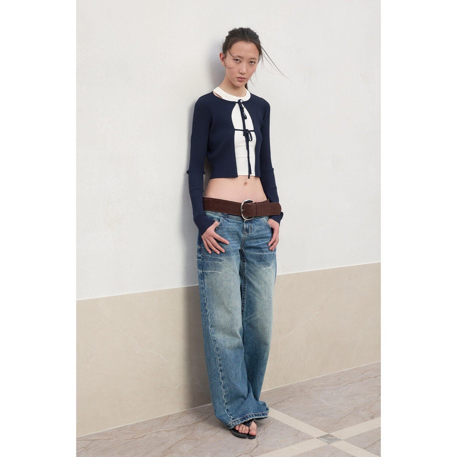 RUN_TO_THE_FUTURE_Tie_Front_Slim_Fit_Knit_Bell_Sleeve_Cardigan_Office_Solid_T_Shirt_Crop_Tops_MISSTT