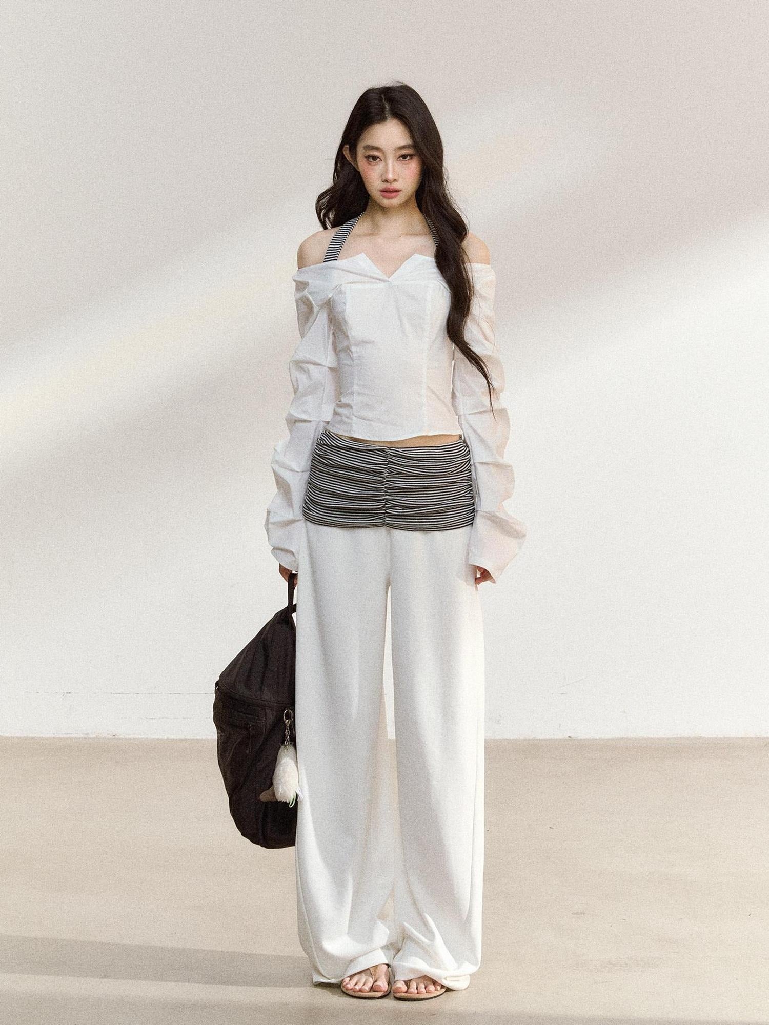 7Shiftin Recycled Fiber Stripe Patchwork Natural Waist Loose Women Wide Leg Pants