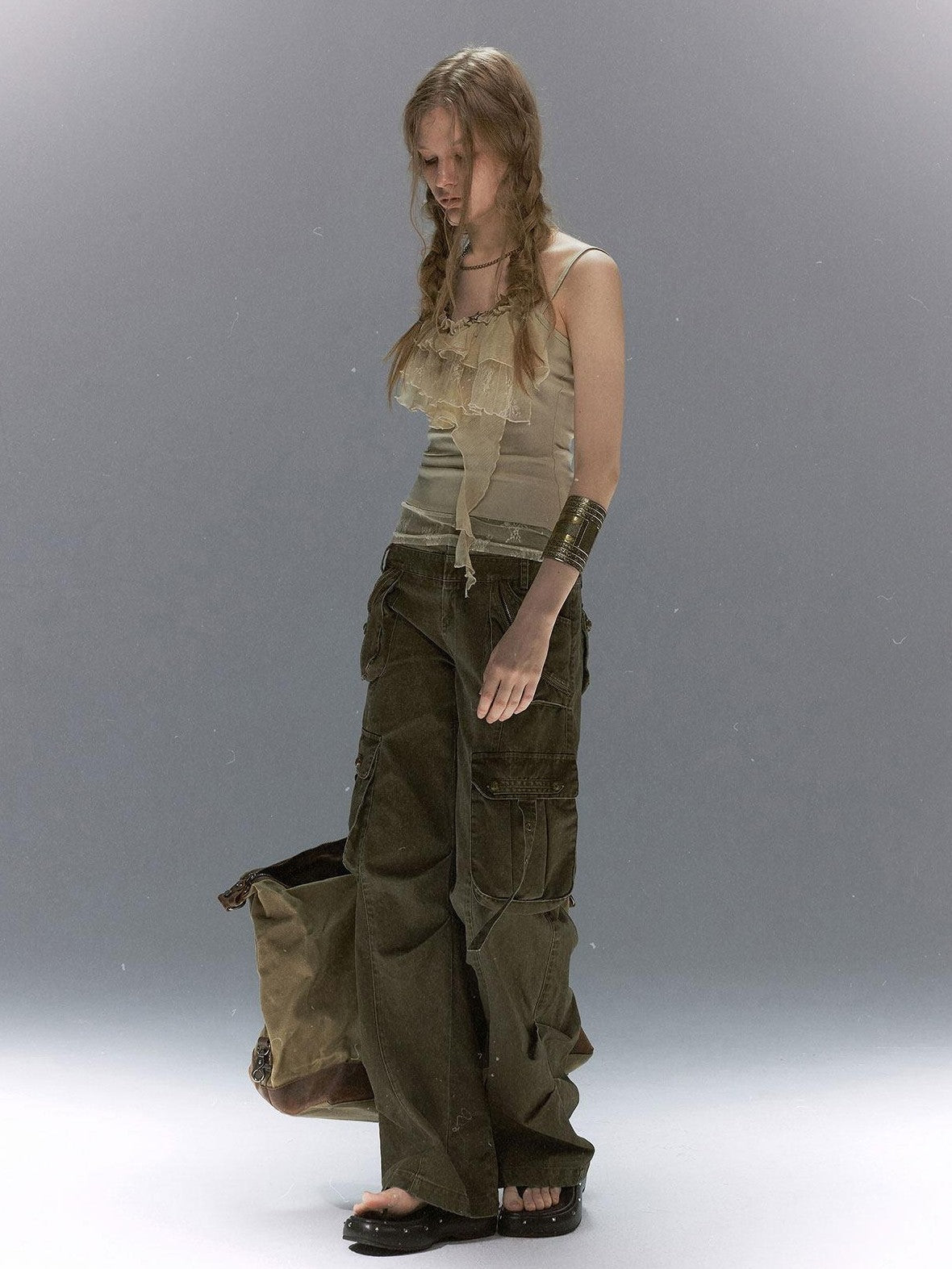 Cest Nous Leaf Tie Dye Beaded Lace V-neck Layered Ruffle Women&