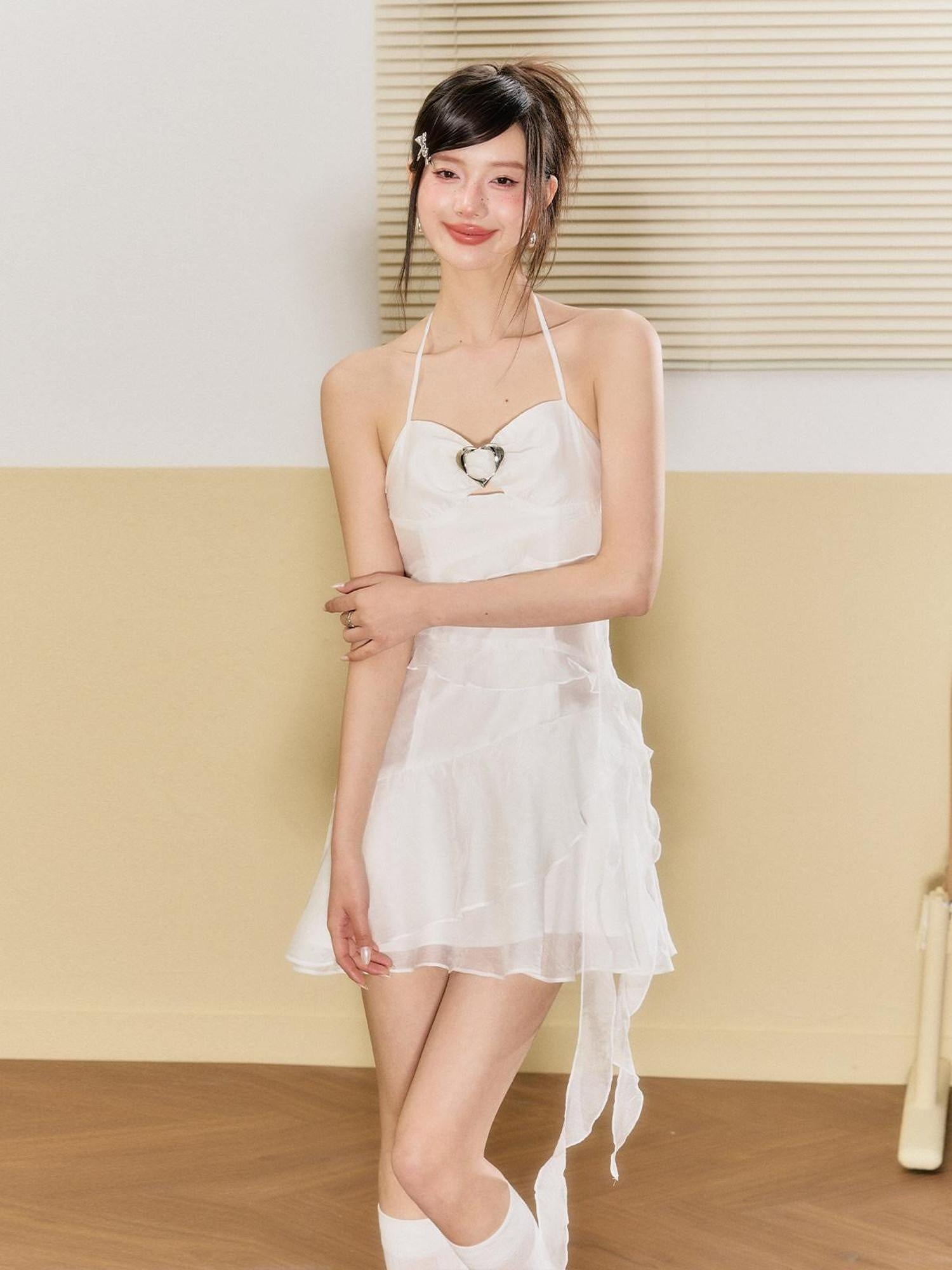 7Shiftin High Waist Chiffon A Line Spaghetti Strap Office White Mini Dresses