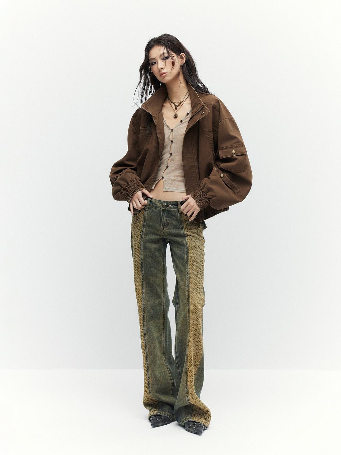 Low pixel Cotton Multi Pocket Street Lantern Sleeves Ribbed Hem Women Cropped Jackets