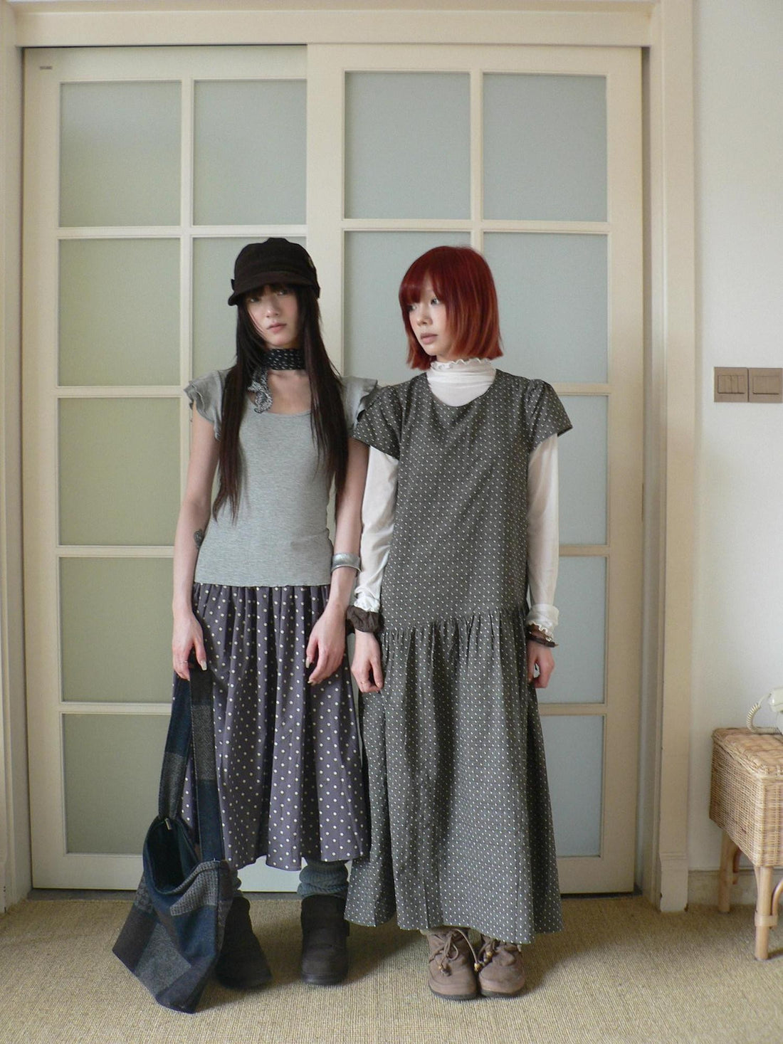 ang project Brown Polka Dot Pleated A Line Flutter Sleeve Women&