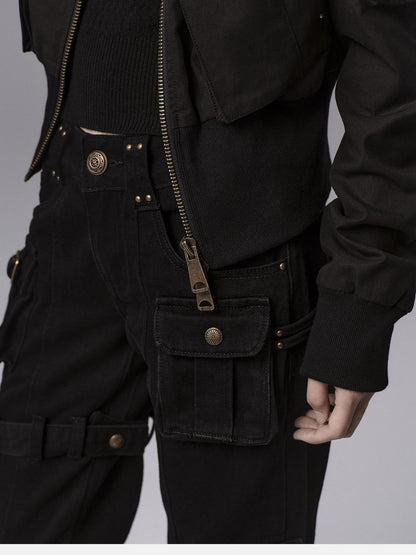 Low pixel Dark Gothic Flared Mid Rise Pocketed Cotton Zip Fly Women Black Cargo Pants