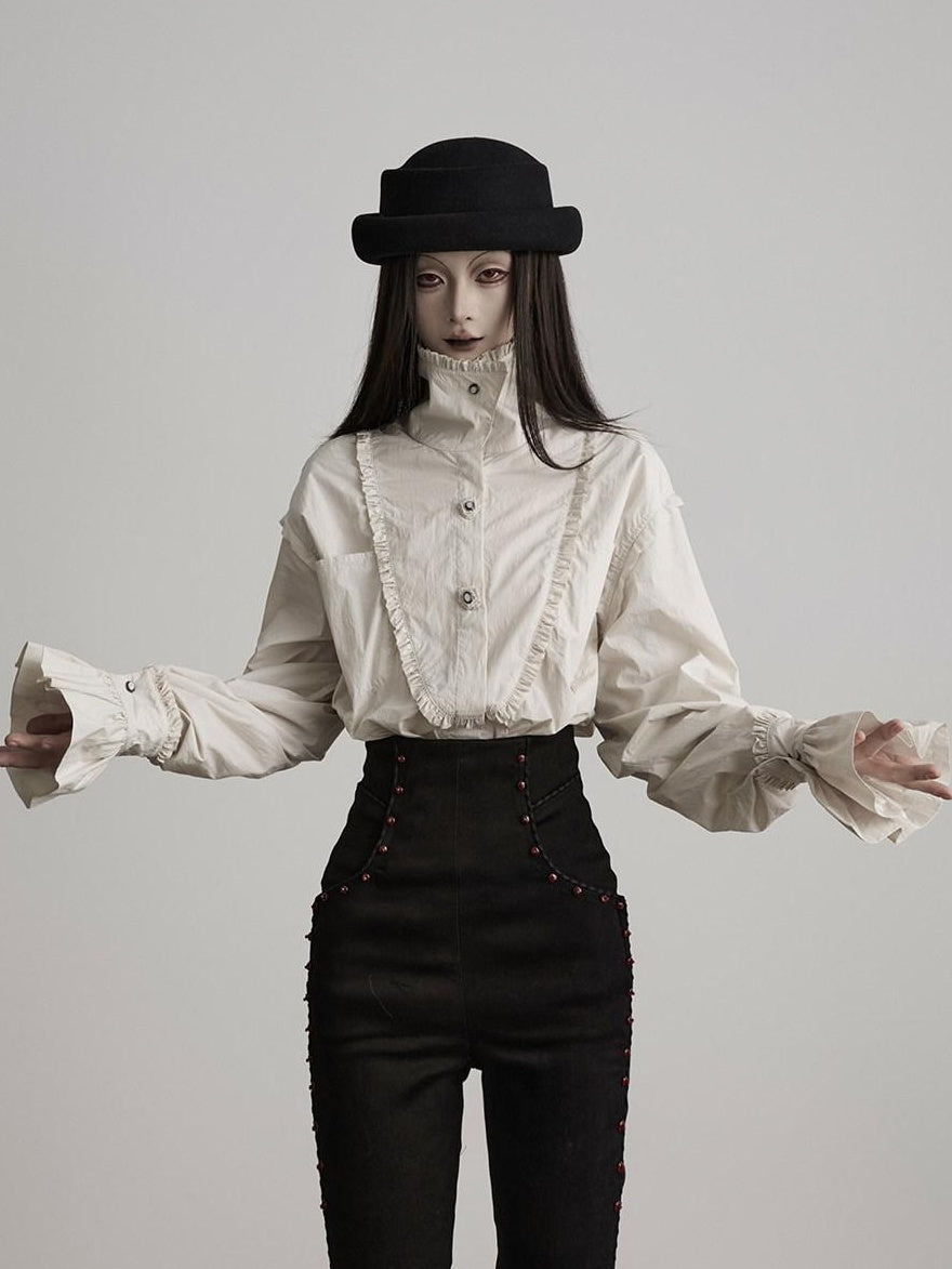 INDULGE Elegant Pleated Loose Fit Stand Collar Long Sleeve Cotton Blend Daily Blouses