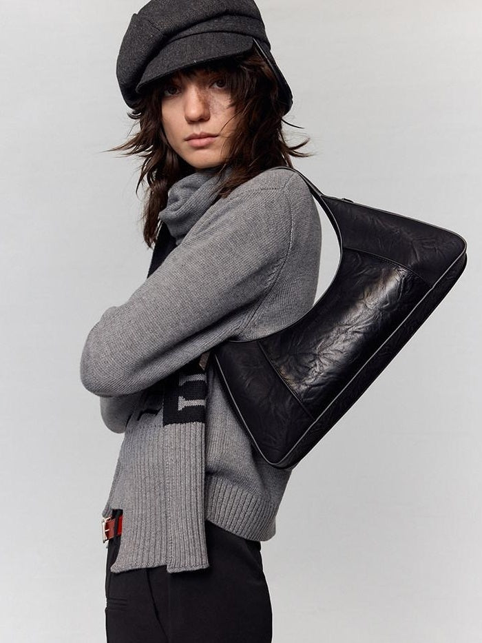RUN TO THE FUTURE Waxed Leather Soft Handle Vintage Topstitch Medium Zipper Daily Handbags