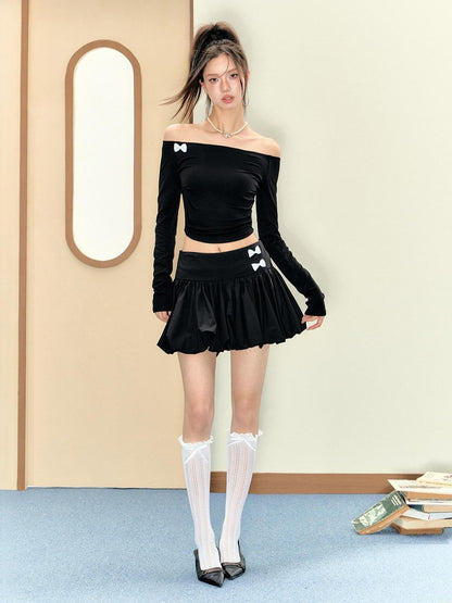 7Shiftin Black Ballet One Shoulder Cropped Pleated Slim Fit Women&