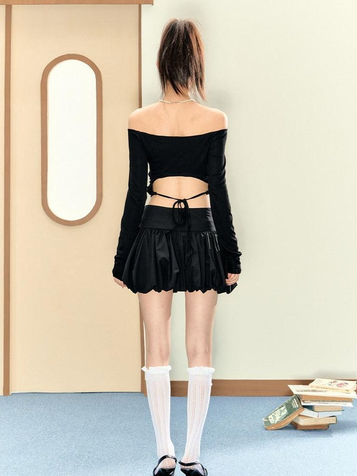 7Shiftin Black Ballet One Shoulder Cropped Pleated Slim Fit Women&