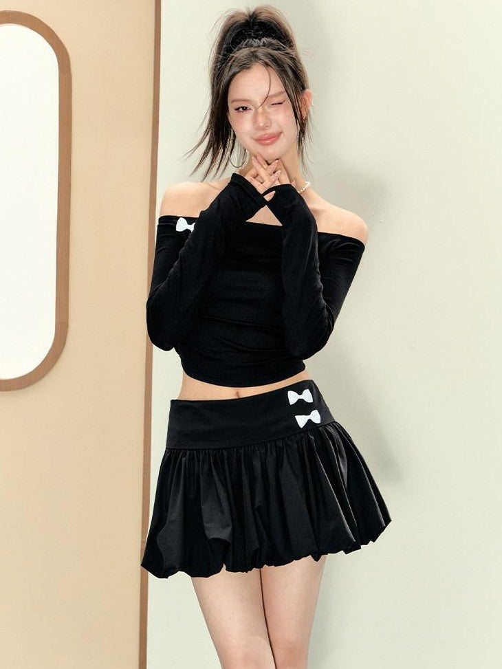 7Shiftin Black Ballet One Shoulder Cropped Pleated Slim Fit Women&