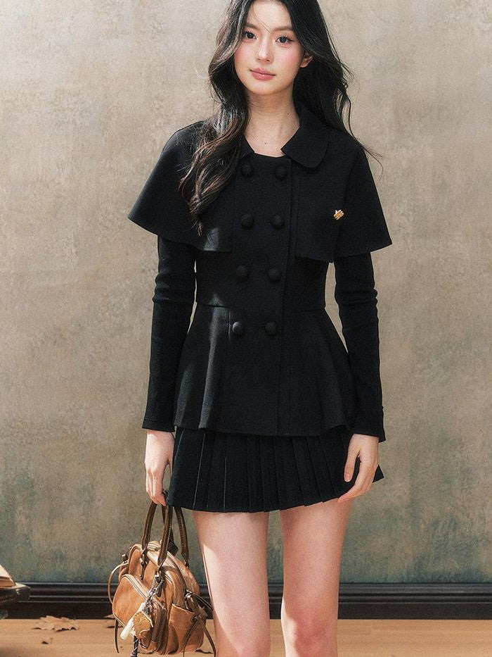7Shiftin Black Cape Long Sleeve Jacket Pleated Skirt Preppy Women&