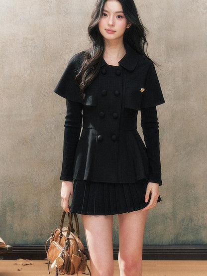 7Shiftin Black Cape Long Sleeve Jacket Pleated Skirt Preppy Women&