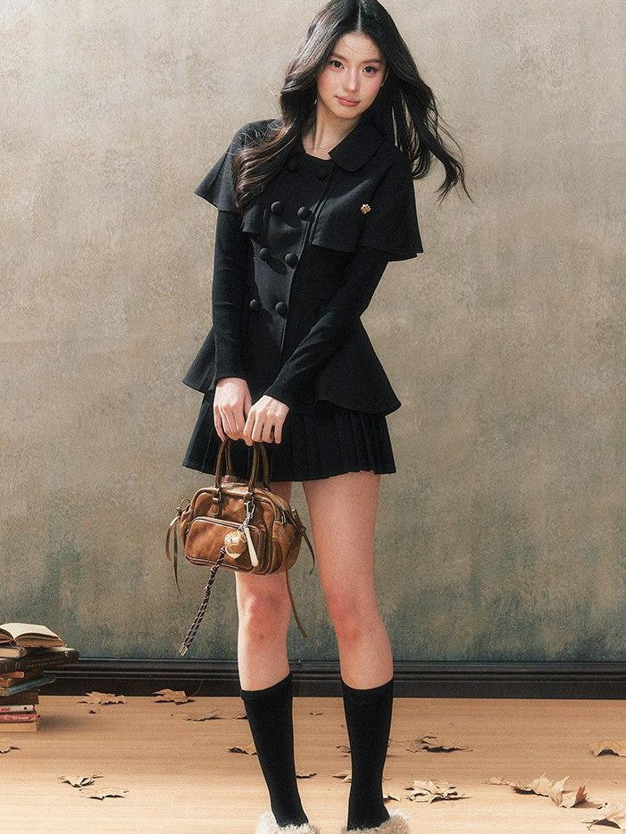 7Shiftin Black Cape Long Sleeve Jacket Pleated Skirt Preppy Women&