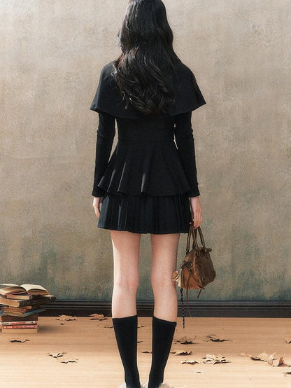 7Shiftin Black Cape Long Sleeve Jacket Pleated Skirt Preppy Women&