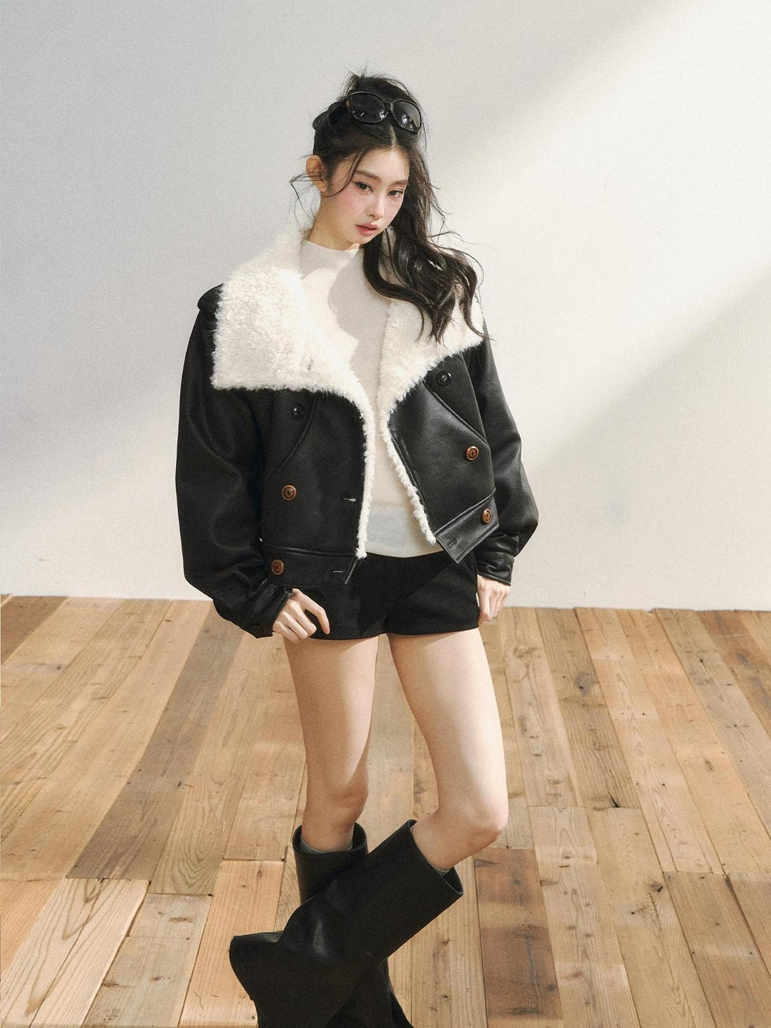 7Shiftin Black Double Breasted Lapel Short Women&