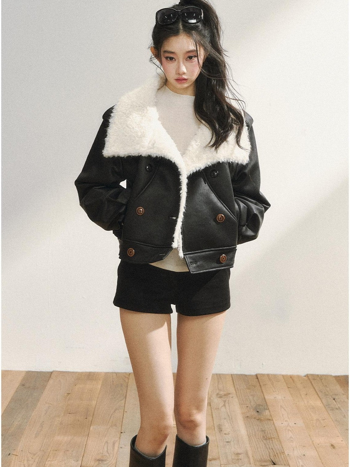 7Shiftin Black Double Breasted Lapel Short Women&