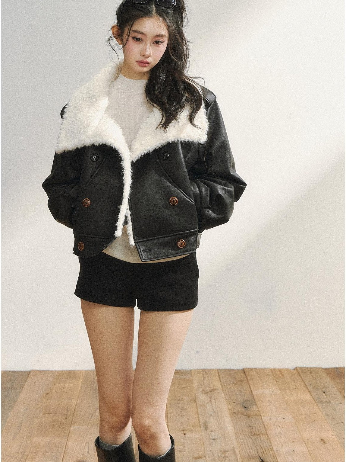 7Shiftin Black Double Breasted Lapel Short Women&
