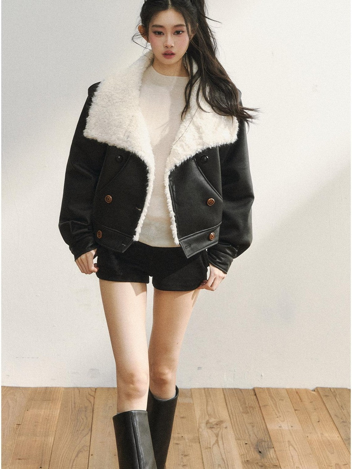 7Shiftin Black Double Breasted Lapel Short Women&