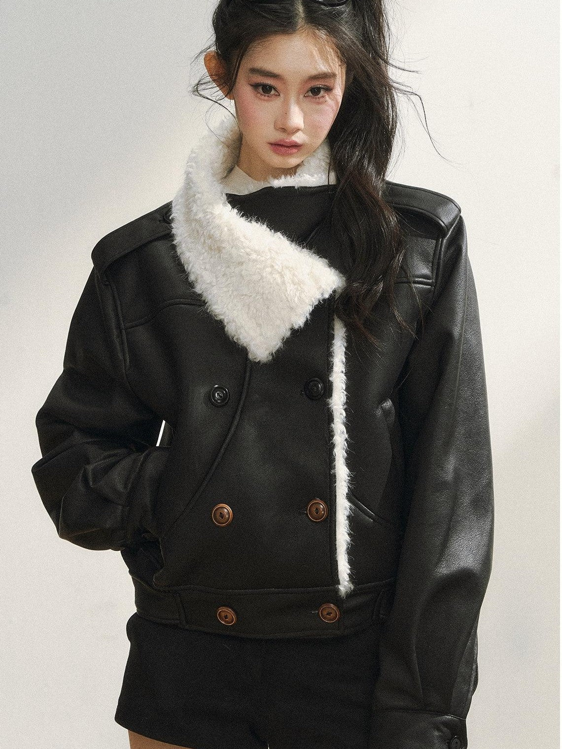 7Shiftin Black Double Breasted Lapel Short Women&