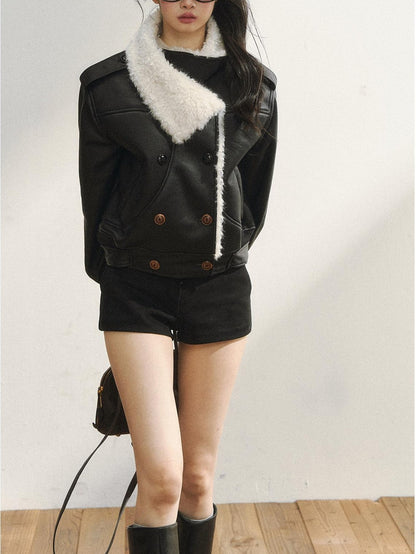 7Shiftin Black Double Breasted Lapel Short Women&