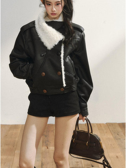 7Shiftin Black Double Breasted Lapel Short Women&