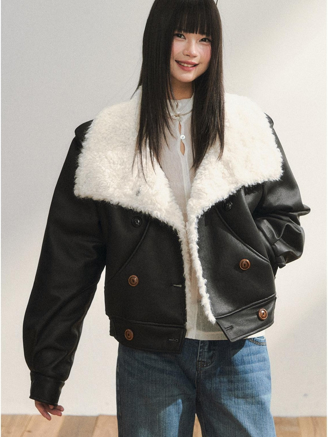 7Shiftin Black Double Breasted Lapel Short Women&