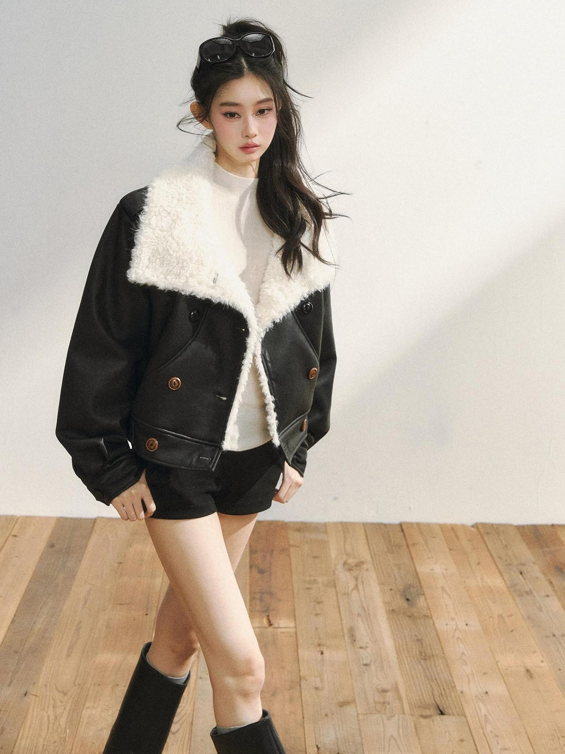 7Shiftin Black Double Breasted Lapel Short Women&