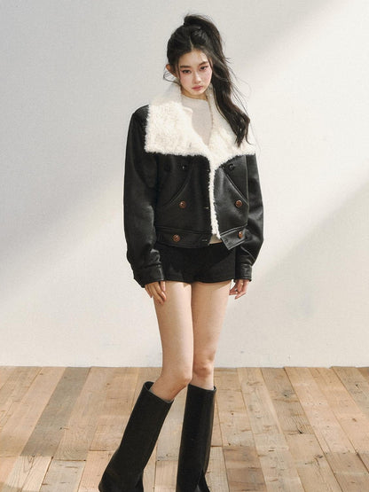 7Shiftin Black Double Breasted Lapel Short Women&