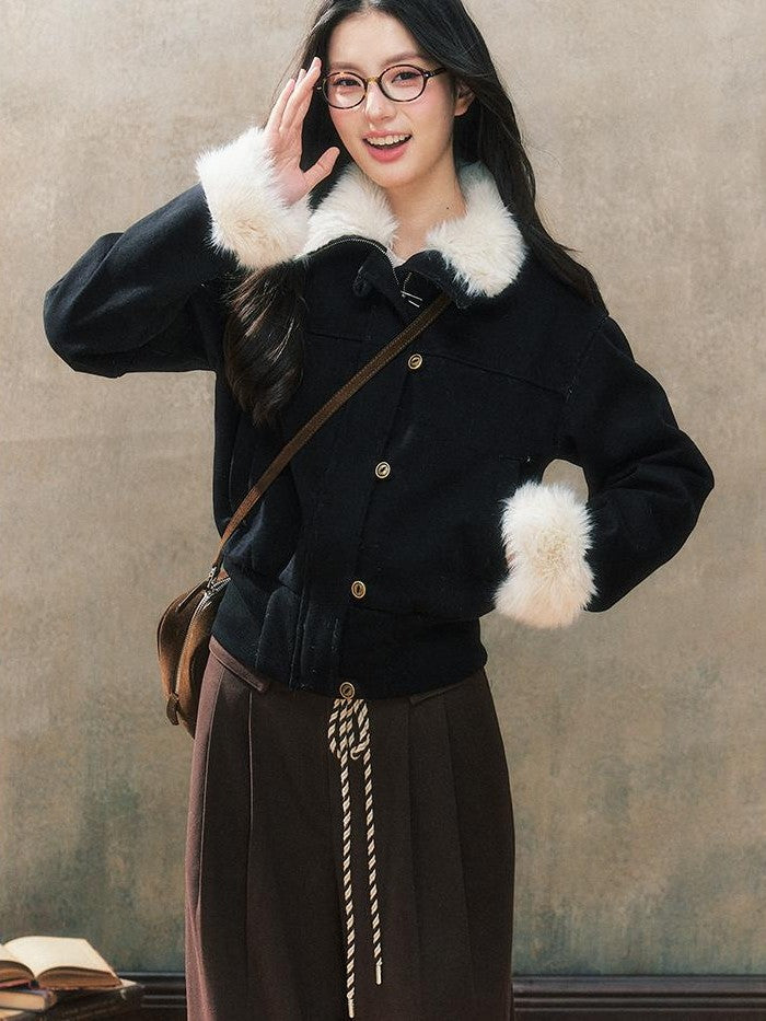 7Shiftin Black Paneled Slim Button Pocket Stand Collar Women&