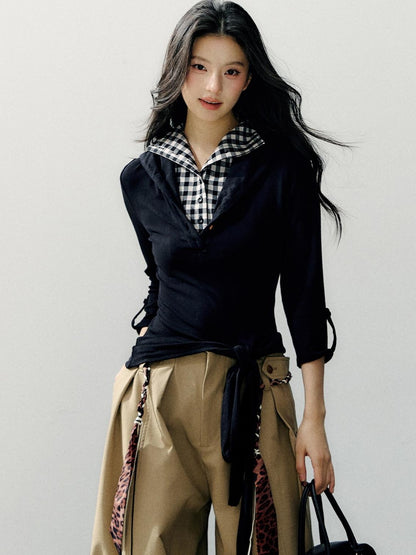 7Shiftin Black White Plaid Faux Two Piece Long Sleeve Viscose Women&