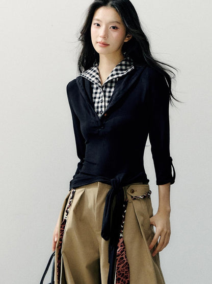 7Shiftin Black White Plaid Faux Two Piece Long Sleeve Viscose Women&