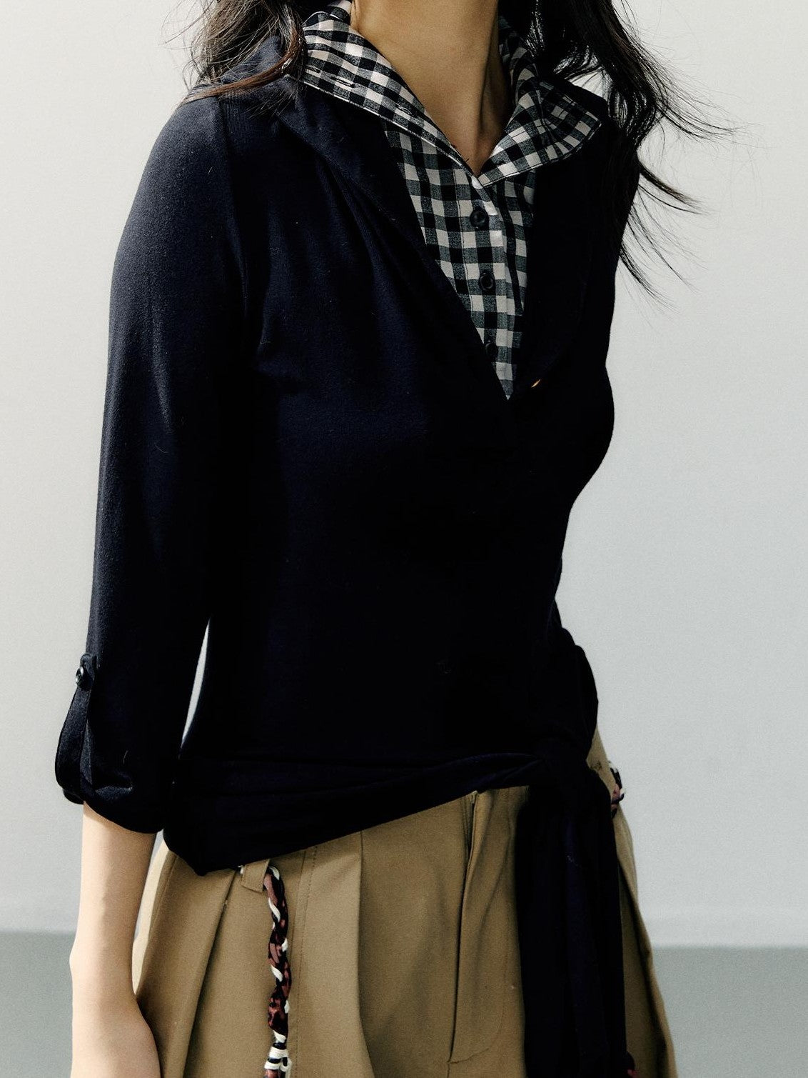 7Shiftin Black White Plaid Faux Two Piece Long Sleeve Viscose Women&