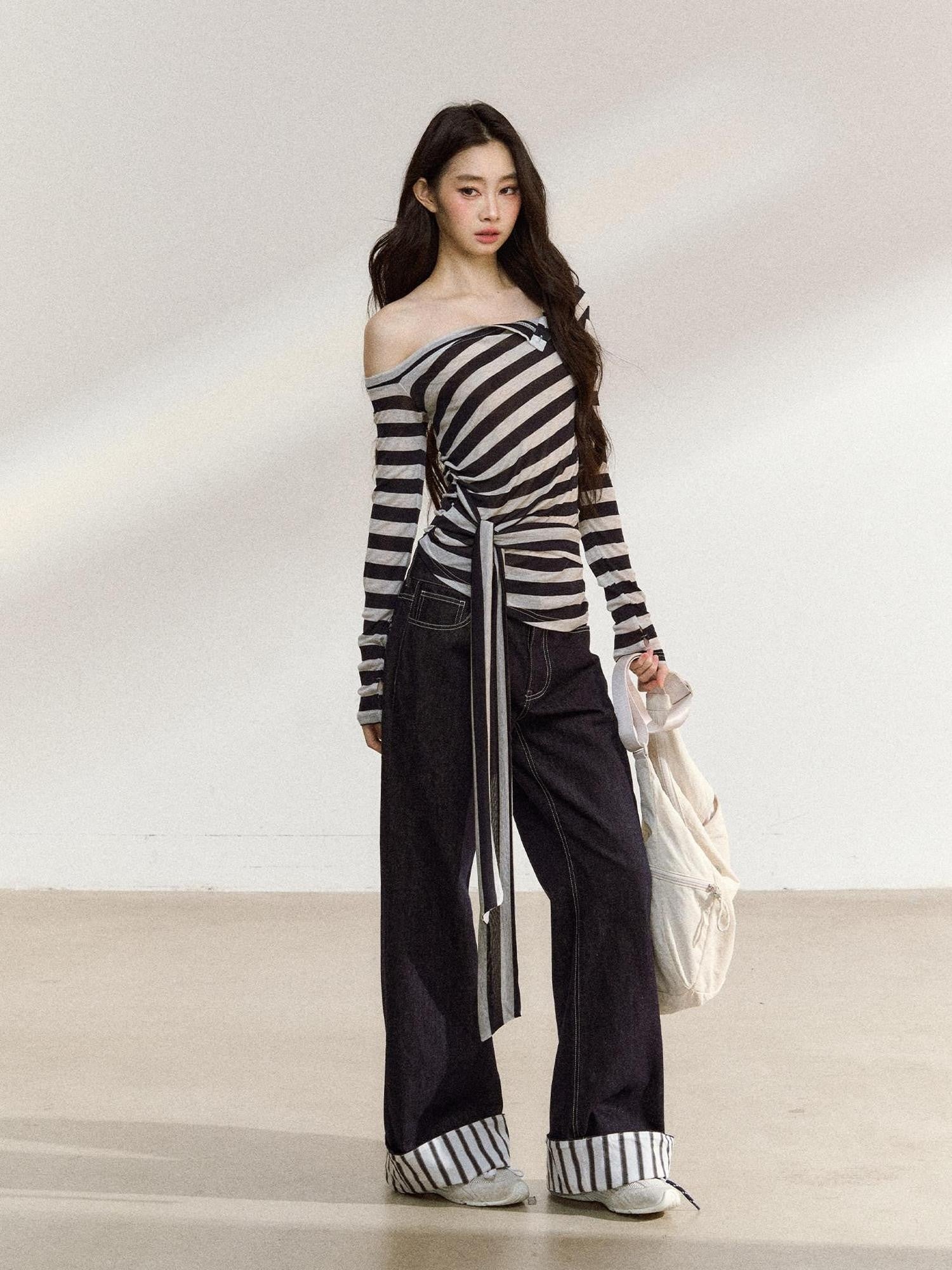 7Shiftin Black White Striped Asymmetric Tie Shoulder Women&