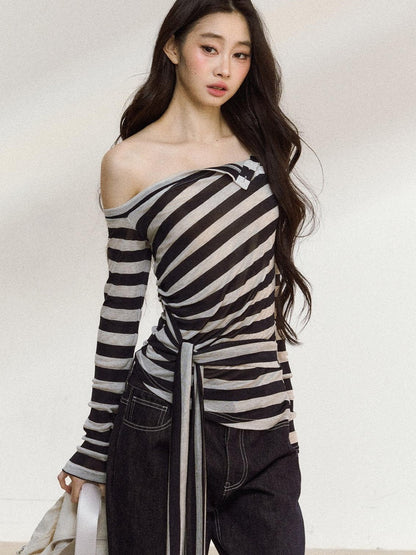 7Shiftin Black White Striped Asymmetric Tie Shoulder Women&