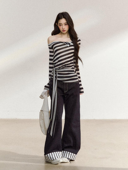 7Shiftin Black White Striped Asymmetric Tie Shoulder Women&